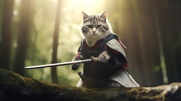 gato louco vestindo uniformes de samurai com a espada katana na mão IA generativa