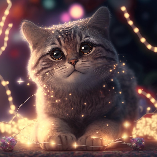Un gato con luces navideñas alrededor de su cara.