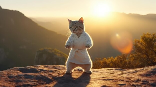 Foto gato luchador de karate con kimono creado con ia generativa