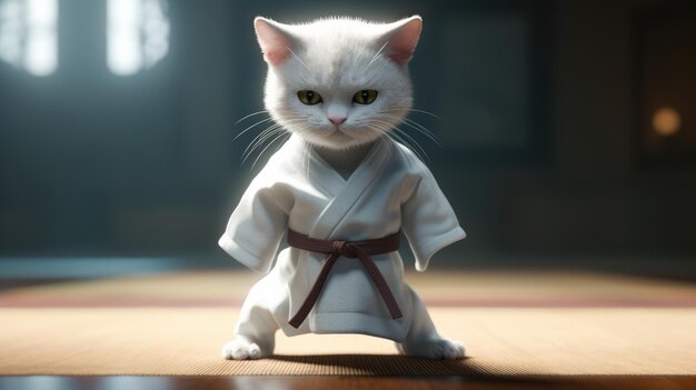 Gato luchador de karate con kimono creado con IA generativa