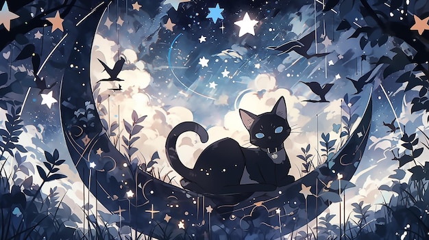 Un gato en una luna con estrellas y estrellas.