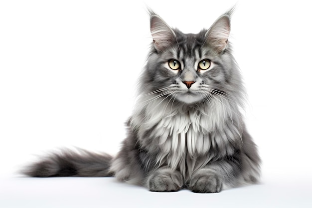 Un gato Maine Coon aislado en un fondo blanco