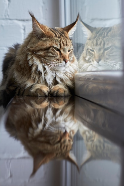 Gato Maine Coon dorme no peitoril da janela contra a parede de tijolos brancos