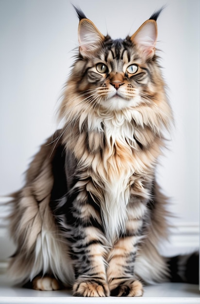 Gato Maine Coon em um fundo branco bonito