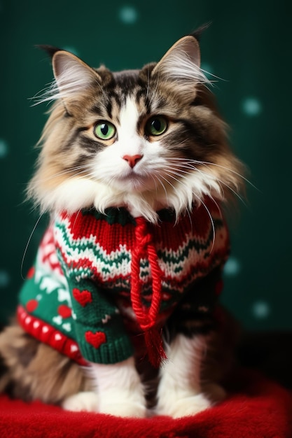 Gato Maine Coon navideño con fondo de suéter con temática navideña y espacio vacío para texto