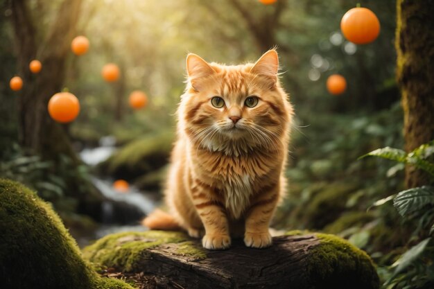 Gato de Maine Coon sentado en un árbol en un parque forestal en un día soleado de verano