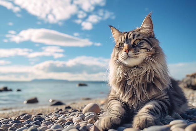 Gato Maine Coon tumbado en la playa con fondo de cielo azul