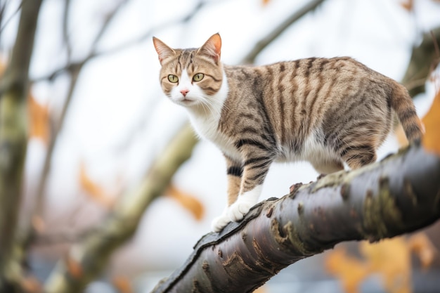 Gato de Maine en modo de caza en la rama de un árbol