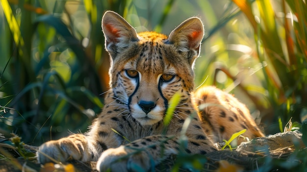 Gato Majestic Serval descansando em habitat natural na Hora de Ouro com vegetação exuberante