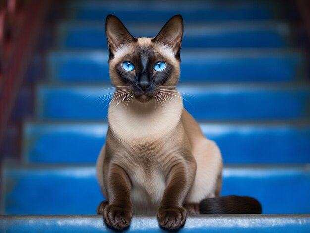 gato majestoso com impressionantes olhos azuis sentado majestosamente em uma escada