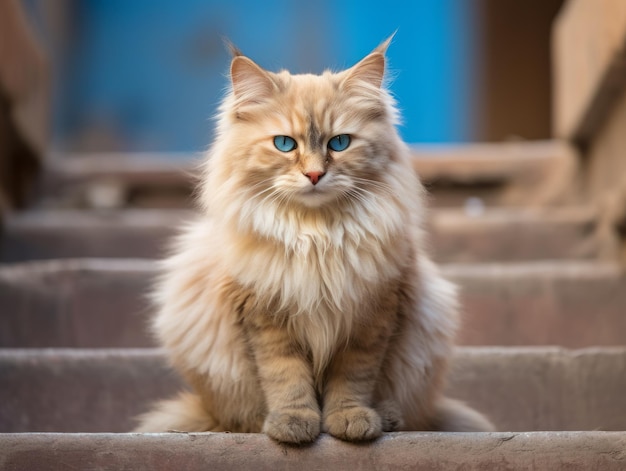 gato majestoso com impressionantes olhos azuis sentado majestosamente em uma escada