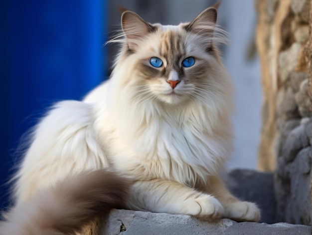 gato majestoso com impressionantes olhos azuis sentado majestosamente em uma escada