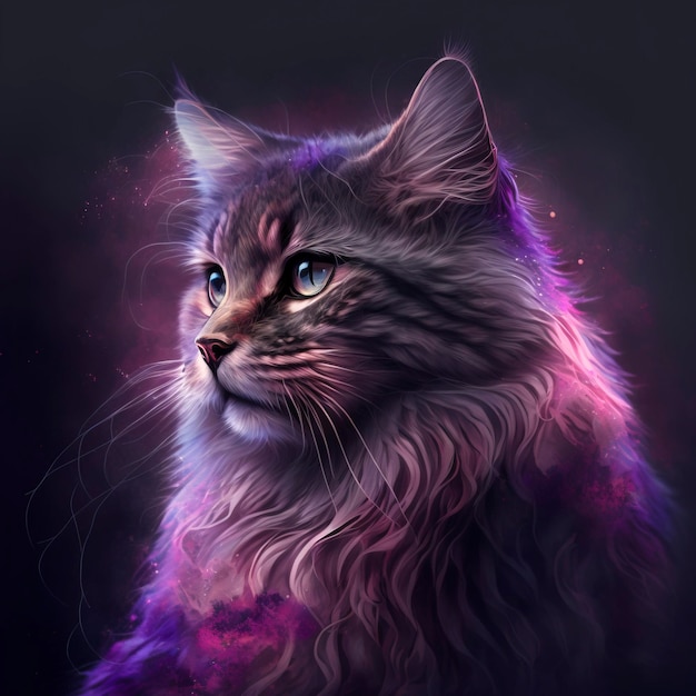 Gato majestoso com pêlo roxo e rosa