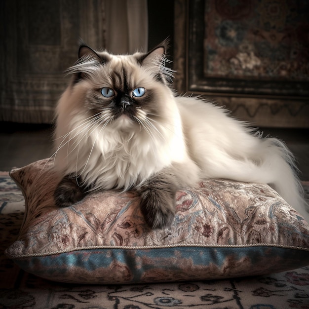 Gato majestuoso del Himalaya en cojín de terciopelo de felpa