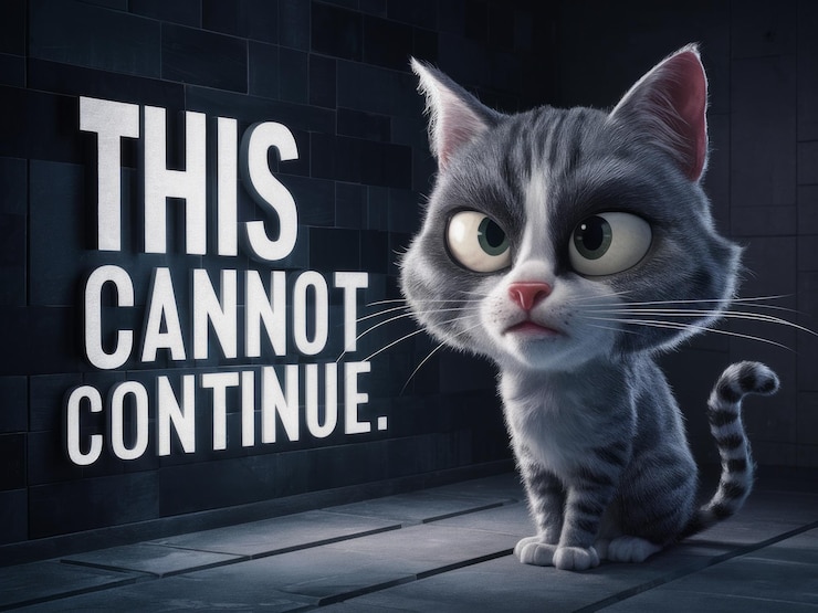 Foto gato mal-humorado animado com isso não pode continuar texto para cartazes e memes engraçados