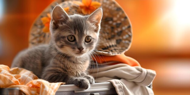 Foto gato en maleta gris empacado con ropa de verano y sombrero de playa listo para viajar concepto fotografía de mascotas viajar con mascotas gatitos lindos conceptos de estilo creativo de verano