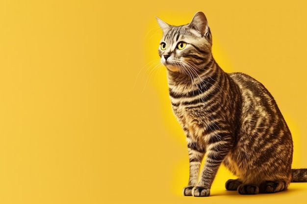 Gato malhado listrado sentado no fundo amarelo Generative AI