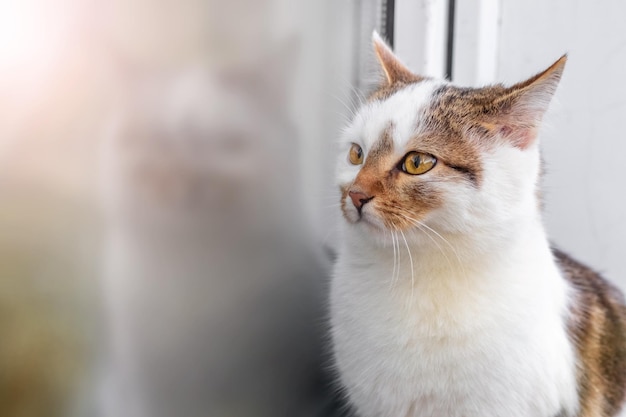 Un gato con manchas blancas se sienta junto a la ventana y se refleja en el cristal de la ventana