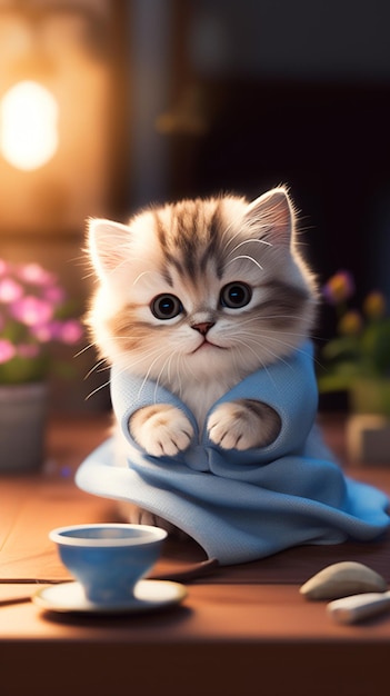 Un gato con una manta azul se sienta en una mesa con una taza de té.