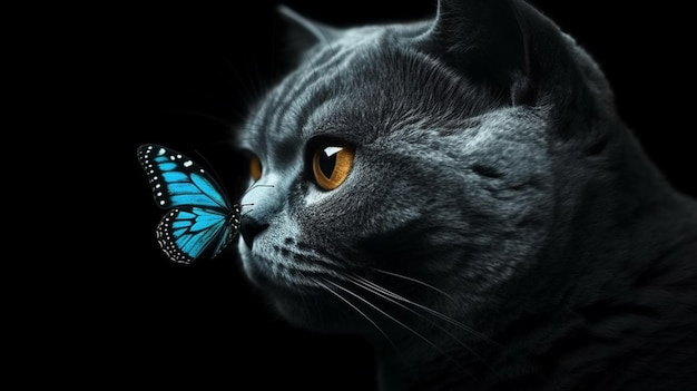 Gato con mariposa azul sobre un fondo negro generativo ai