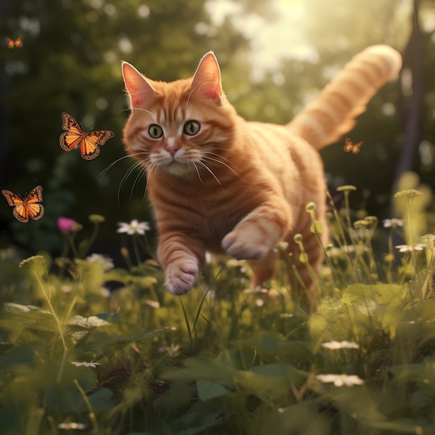 gato mariposa caza animal mascota jugando lindo gracioso juguetón hierba verano adorable naturaleza