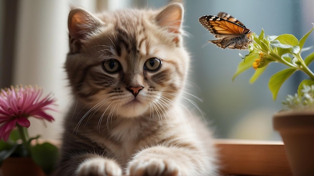 Foto un gato con una mariposa en la nariz