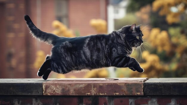 Foto un gato de mármol de pura raza abultado salta del parapeto momento de salto en el aire mármol de plata negra