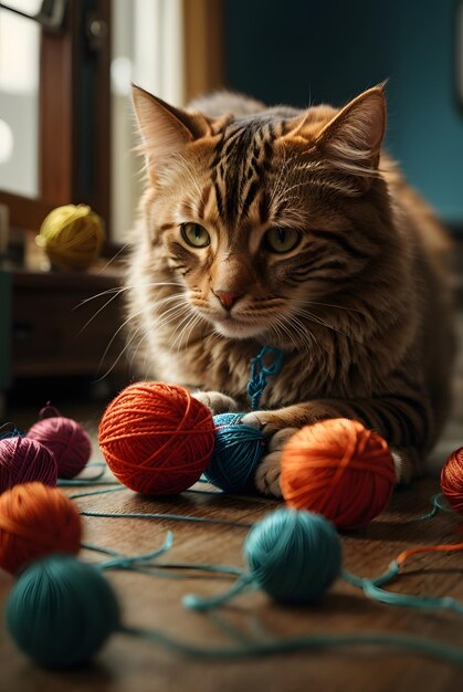 gato marrón jugando con hilo