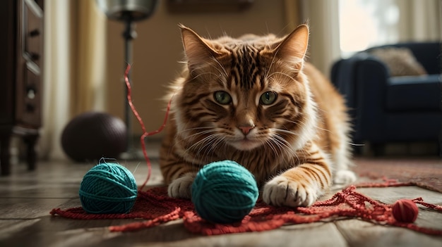 gato marrón jugando con hilo