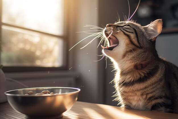 Foto gato de mascota comiendo ansiosamente croquetas secas de un cuenco en la cocina por la mañana ia generativa