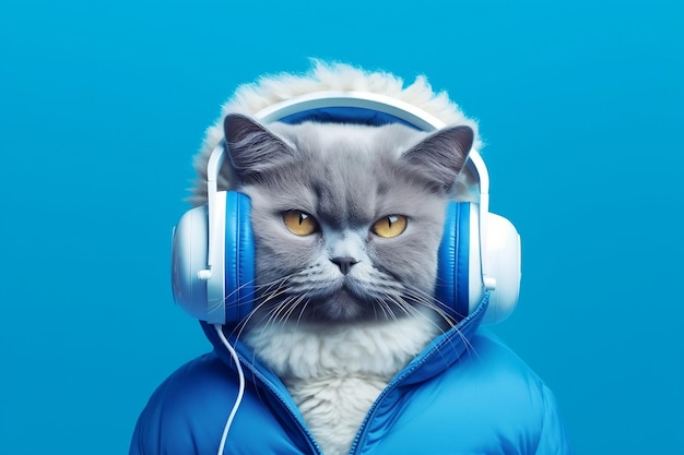 Gato meciendo una chaqueta azul y auriculares sobre fondo azul claro generado Ai