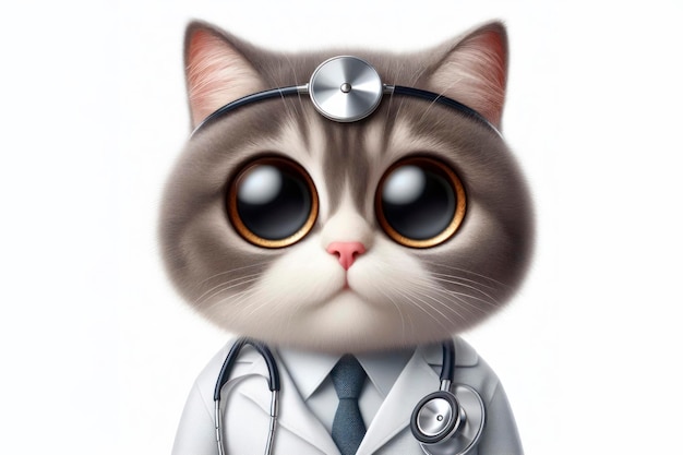 gato médico con grandes ojos abultados aislados en un fondo blanco