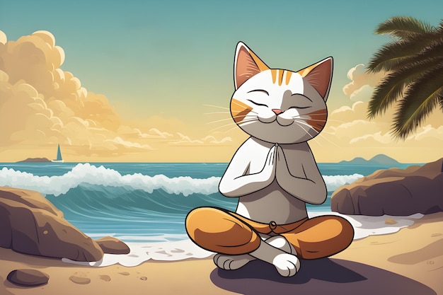 gato medita y hace yoga en la playa junto al mar