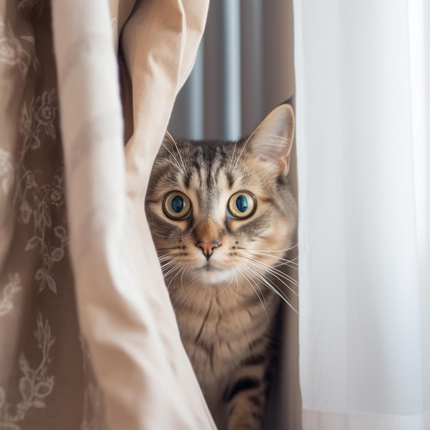Gato Mekong Bobtail asomándose desde detrás de una cortina