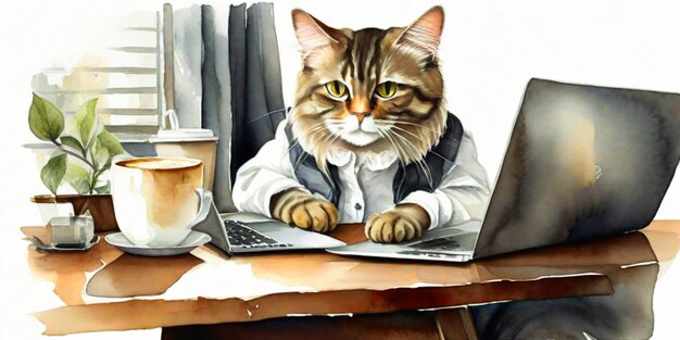 Gato en la mesa con una computadora portátil y pintura de acuarela de café sobre un fondo blanco