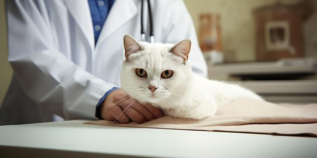 Gato en la mesa de examen con el veterinario en la clínica