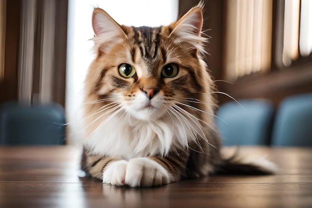 Un gato en una mesa frente a una ventana.