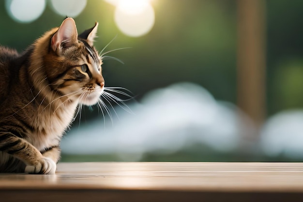 Un gato en una mesa mirando al aire libre.