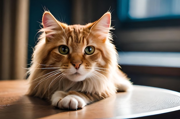 Un gato en una mesa mirando a la cámara.