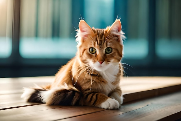 Un gato en una mesa con una ventana detrás