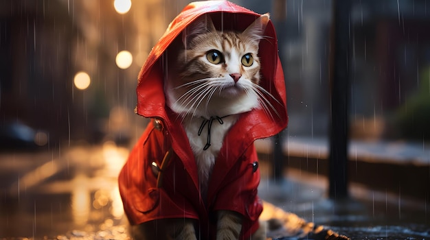 Un gato con un mini impermeable caminando en una lluvia suave en la ciudad