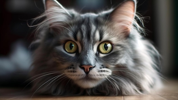 El gato mira al frente y se sienta Retrato de un gato gris esponjoso con ojos amarillos verdes de cerca