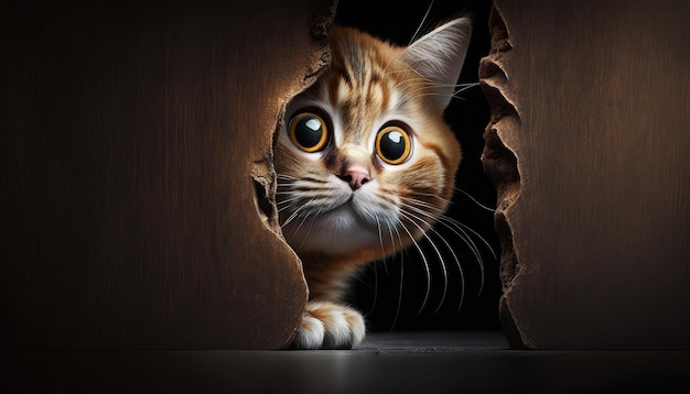 Un gato mira desde una caja con un agujero.