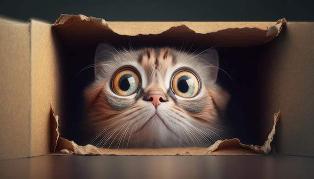Un gato mira desde una caja de cartón con las palabras gato en la esquina.