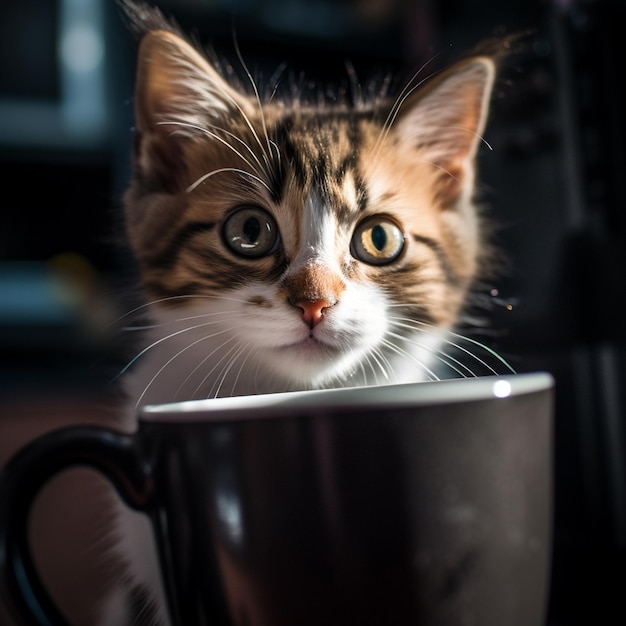 Un gato mira a la cámara con una taza al fondo.