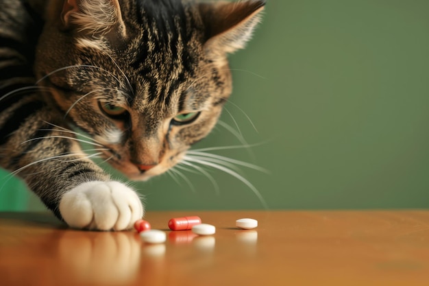 Un gato mira con curiosidad las pastillas que se encuentran delante de él en una superficie