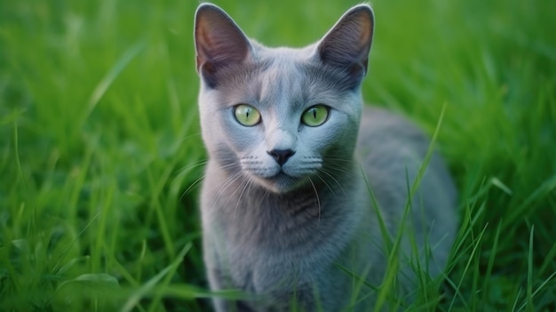 El gato mira hacia un lado y se sienta en un césped verde