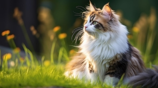 El gato mira hacia un lado y se sienta en un césped verde