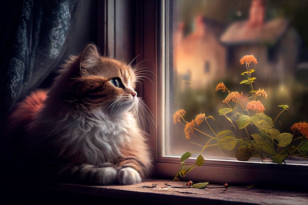 El gato mira la naturaleza, sentado en el alféizar de la ventana.