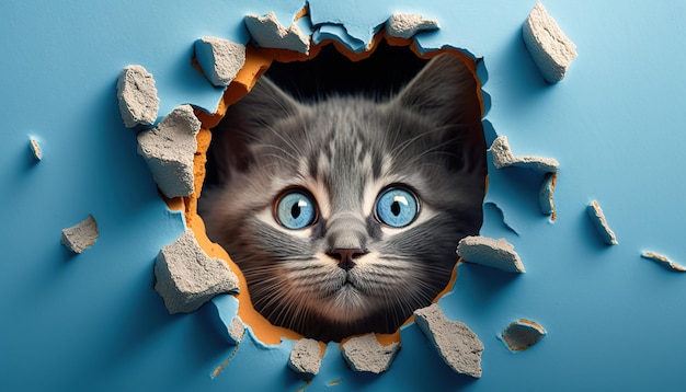 Un gato mira a través de un agujero en una pared azul.